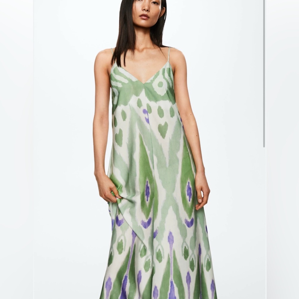 Mango MNG Ikat Slip Midi Dress Green Purple Open Back Resort Sundress S